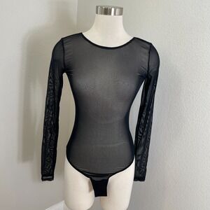 NEW Callipygian Womens Small Black Sheer Long Sleeve Low Back Bodysuit Top
